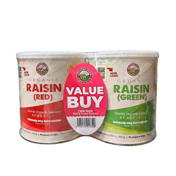 Country Farm Organics Jumbo Size Certified Organic Red and Green Seedless Raisins Twin Pack 300g x 2 (highest price)