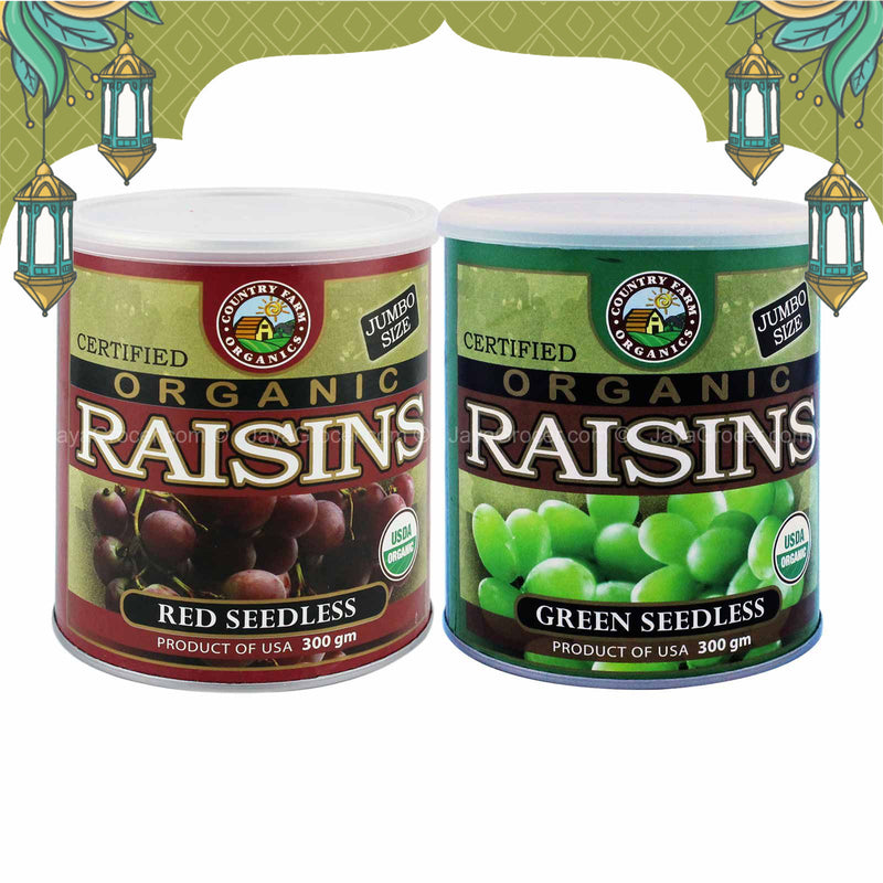 Country Farm Organics Jumbo Size Certified Organic Red and Green Seedless Raisins Twin Pack 300g x 2