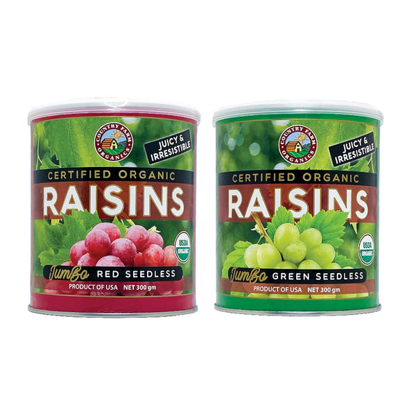 Country Farm Organics Jumbo Size Certified Organic Red and Green Seedless Raisins Twin Pack 300g x 2 (highest price)