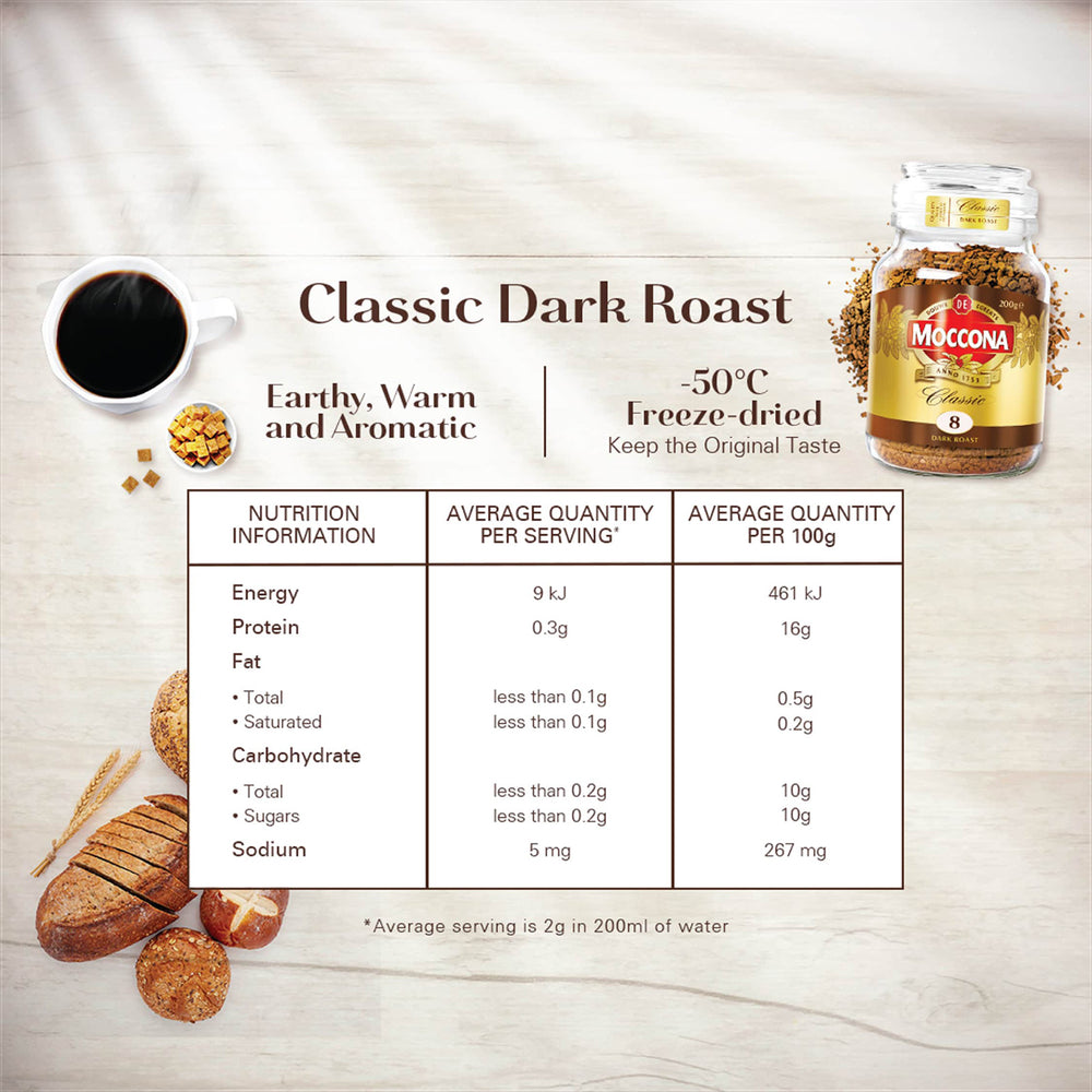 Moccona Classic Dark Roast Intensity 8 Freeze Dried Instant Coffee 200g