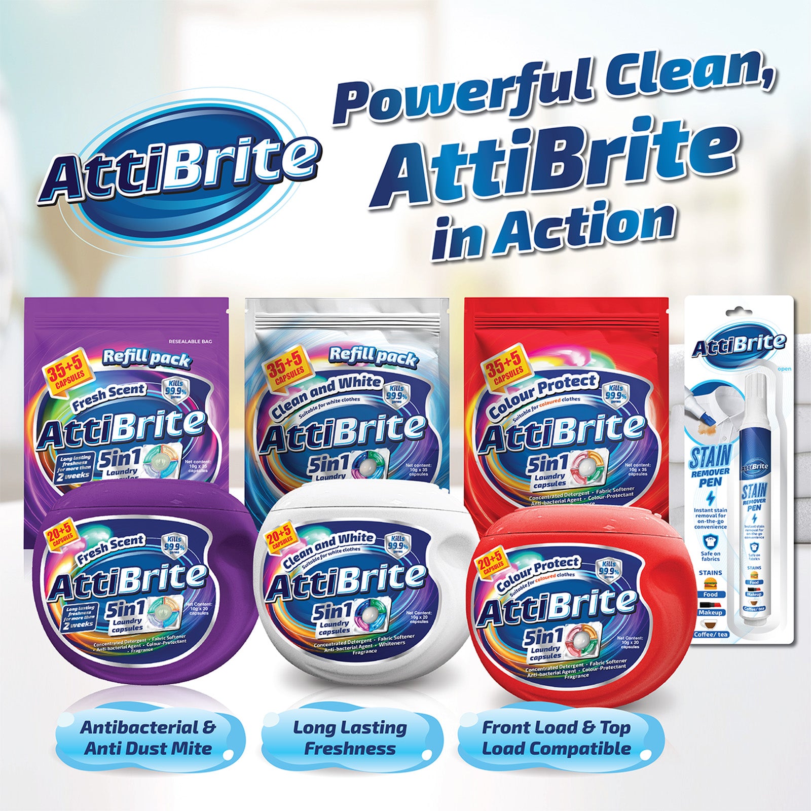 Attibrite Laundry Capsules Clean & White 10g x 20