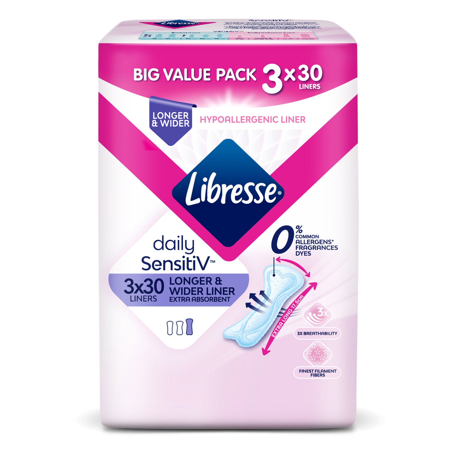 Libresse SensitiV Longer & Wider Slim Panty Liners 30pcs x 3